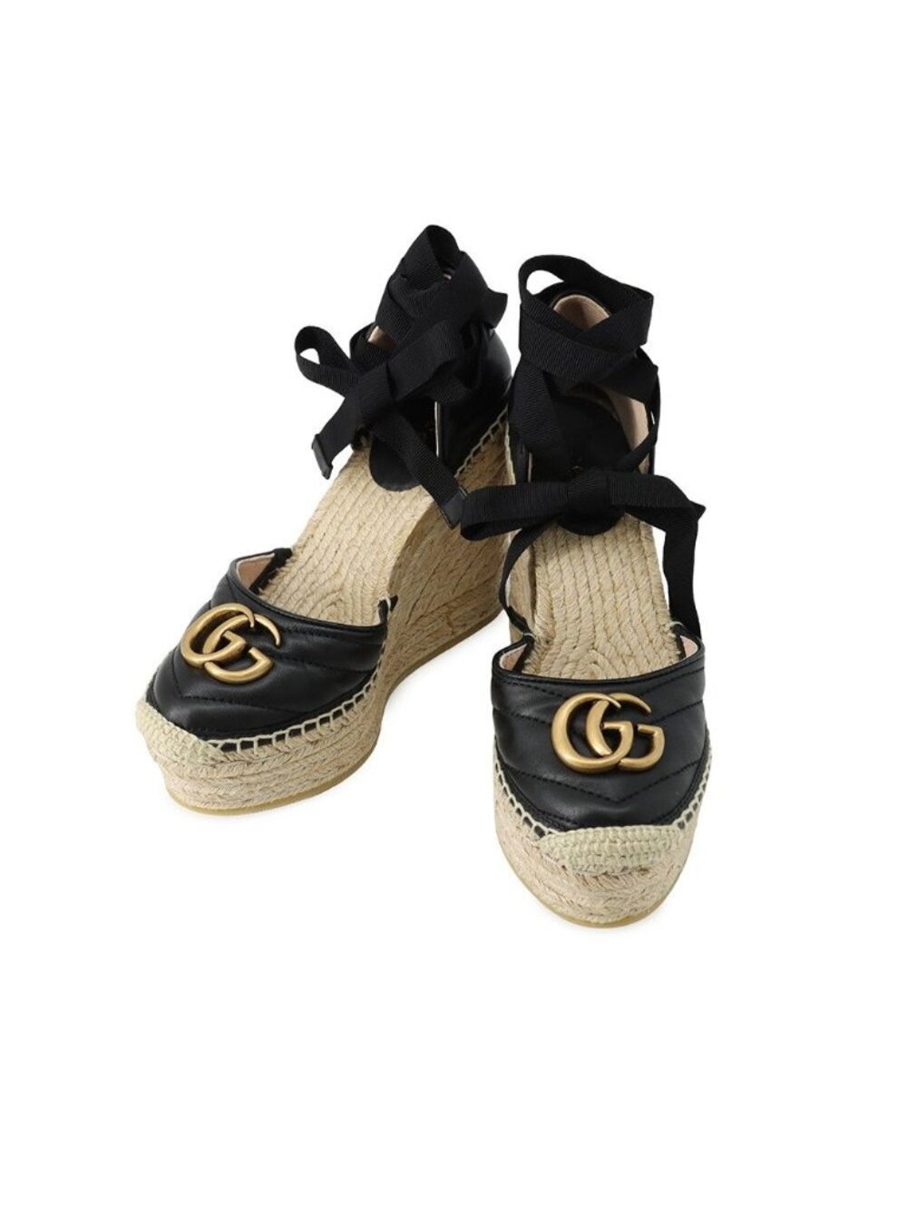 Gucci Sandals GG Marmont Lace Up Espadrilles Wedge Sole 34.5 Shoes Black